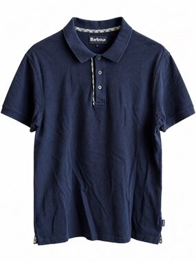Barbour Men's Navy Blue Tartan Trim Tailored Fit Polo Cotton Shirt Size L